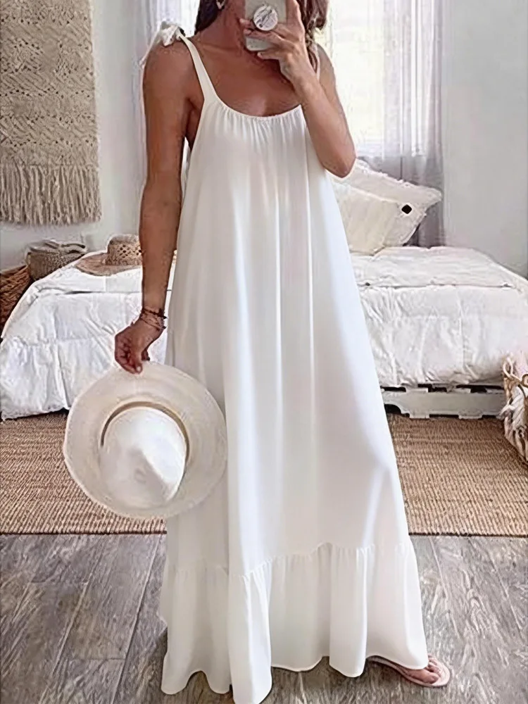 

2026 Fashion Summer Women's A-Line Midi Dress Elegant Vintage Female Dresses Casual Solid Color Loose Long Dresses For Women