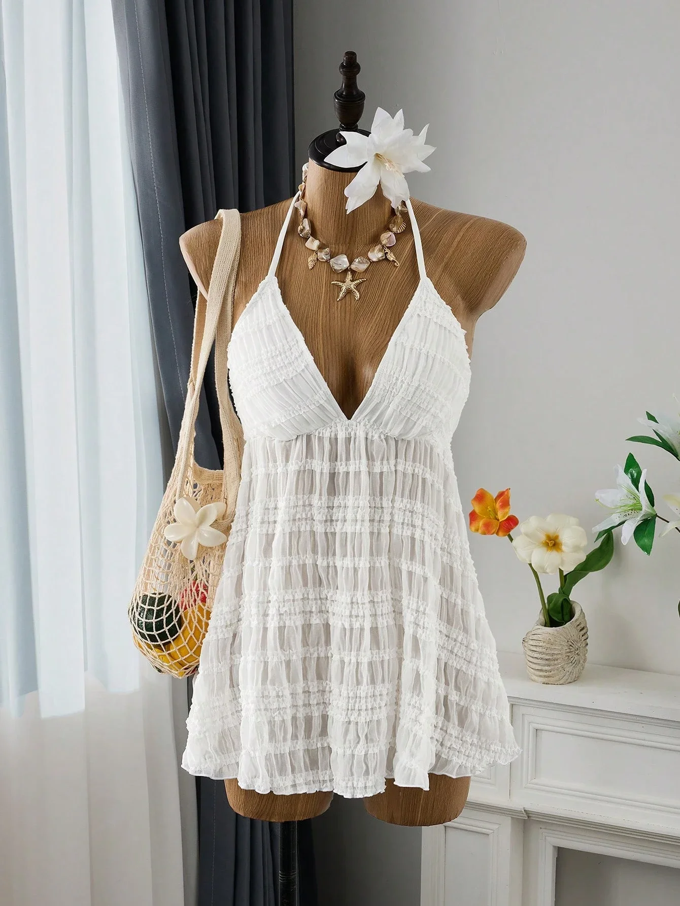 

White Textured Pleated Halter Cover-Up Dress For Beach Resort Party Wedding Summer Vacation