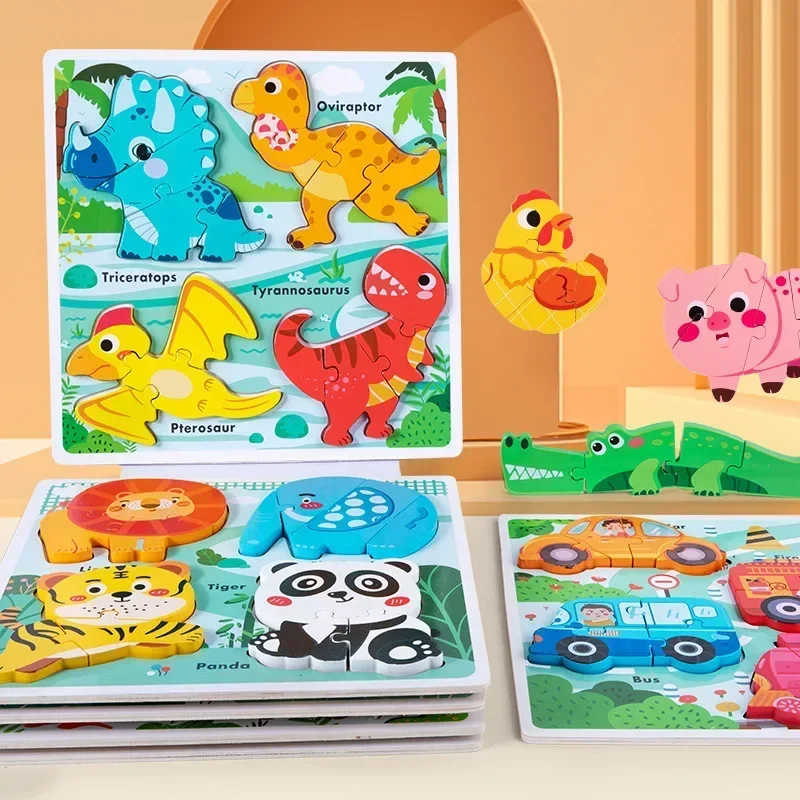 Hölzernes Aufklärungsblock-Puzzle für Kinder, Dinosaurier, Fisch, Auto, Tier, pädagogisches frühes Lernspielzeug, lustiges bestes Geschenk