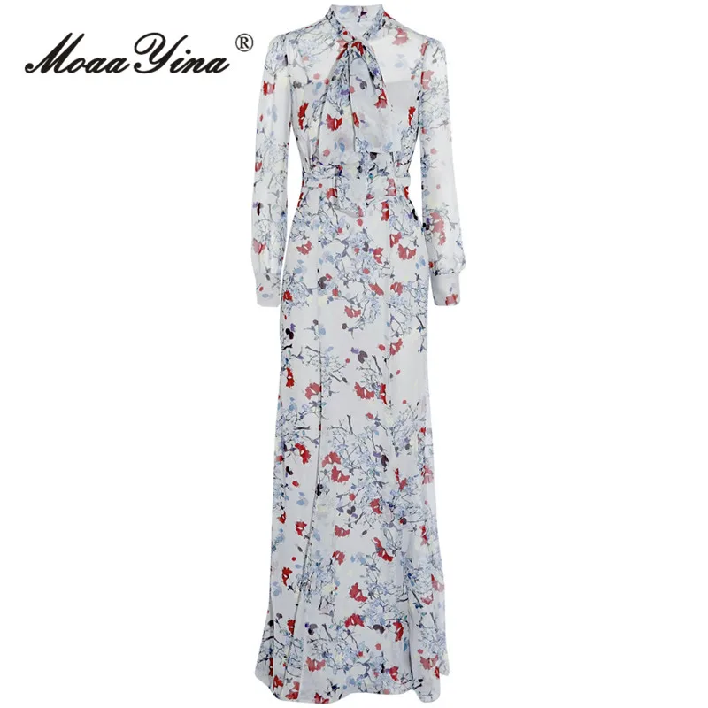 

MoaaYina Autumn Fashion Runway Elegant Print Party Dress Women Frenulum Collar Long SLeeve Sashes Gathered Waist Slim Long Dress