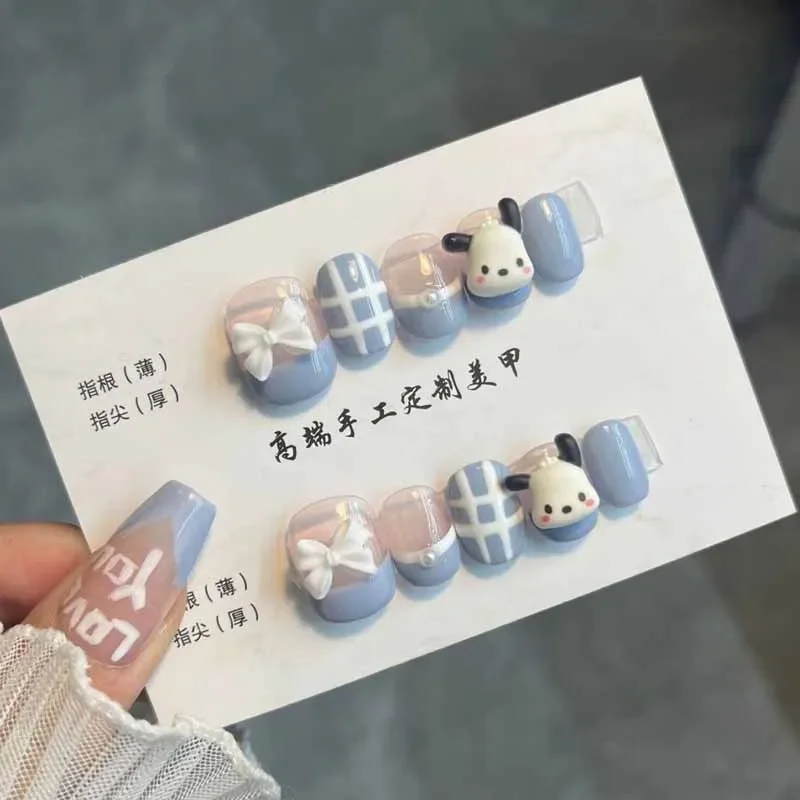 

10Pcs Women Cute Handmade Press on Nails Full Cover Cartoon Dog Design French Short False Nails Wearable Manicure Nail Tips Art