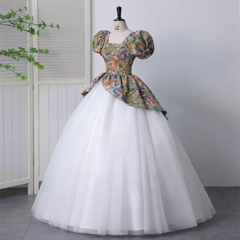 Vintage Evening Gown Princess Prom Dresses Short Sleeve Print White Long Women Special Occasion Dress Evening Party Gown Vestido