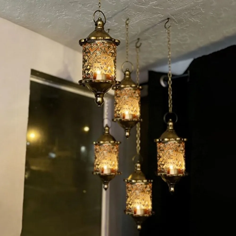 Morocco French Style Hollow Birdcage Lantern Romantic Iron Hanging Candle Holder Vintage Hollow Metal Candlestick Living Room