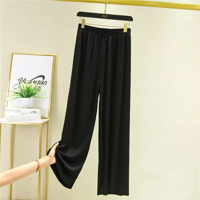 Spring Summer New Ice Silk Large Size Wide Leg Pants Korean Casual Home Pant Solid Color Pajamas Trousers Women Pantalones