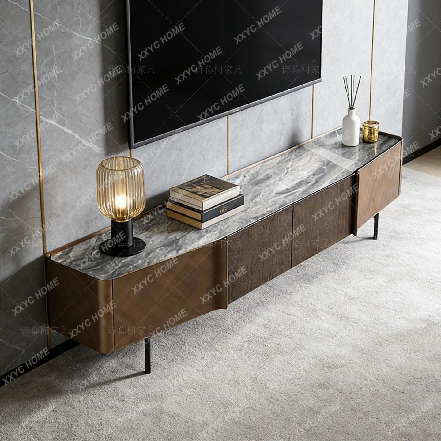 A  light luxury TV cabinet coffee table combination all solid wood metal brushed floor cabinet, postmodern furniture