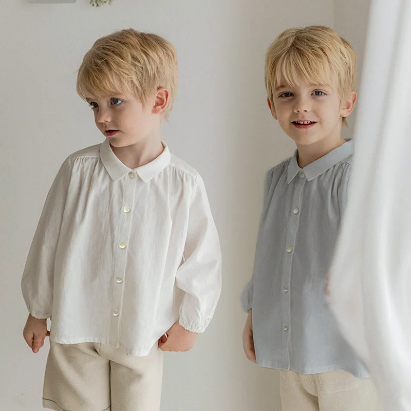 

Autumn Baby Clothes Cotton and Linen Single Breasted Solid Shirt Cute 2025 Forest Style Turn-down Collar Long Sleeved Shirt