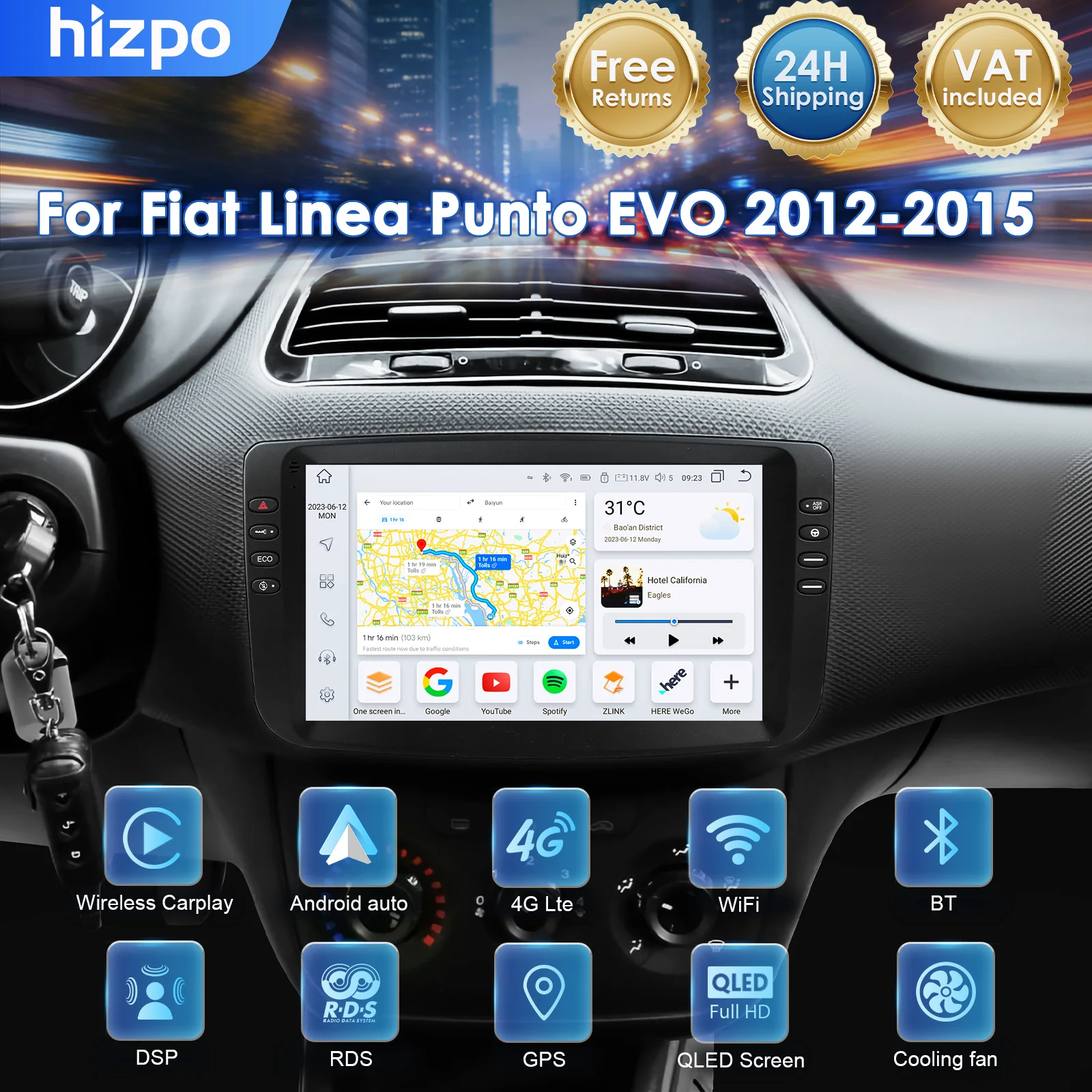 Hizpo Autoradio Wireless CarPlay 9'' Android 14 per Fiat Linea Punto EVO 2012-2015 2 DIN Stereo Bluetooth Multimedia GPS 4G LTE