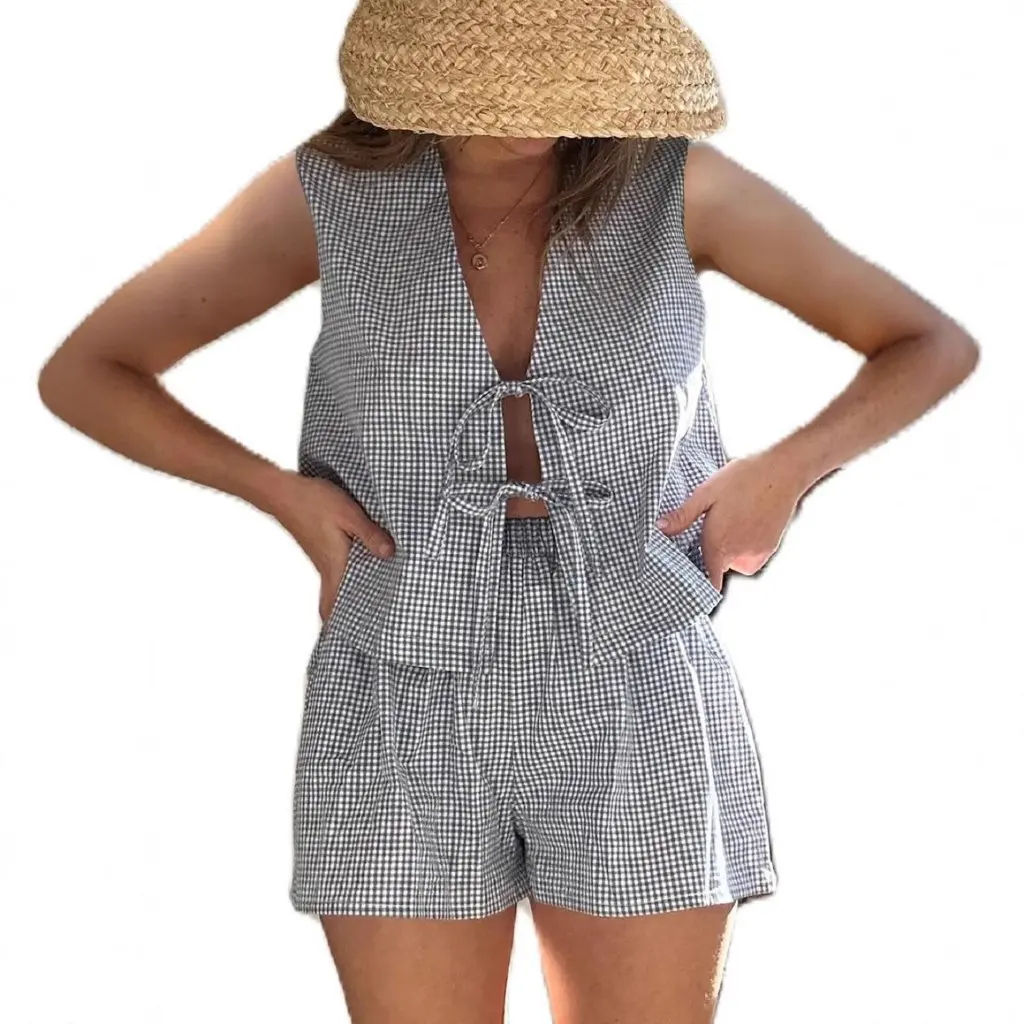 

Женский модный повседневный костюм, клетчатый кардиган на шнуровке, жилет и шорты, комплект в европейском и американском стиле, новинка лета