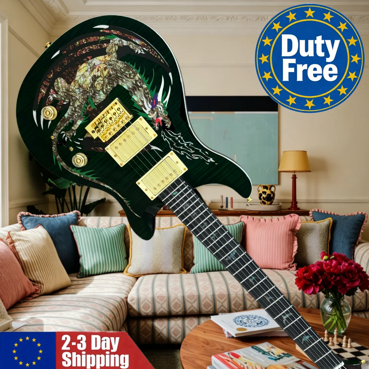 Guitare Green Dragon, artisanat exquis, manche lisse en palissandre, micros HH, chevalet réglable, détails soignés, harmoniques persistantes, entrepôt allemand.