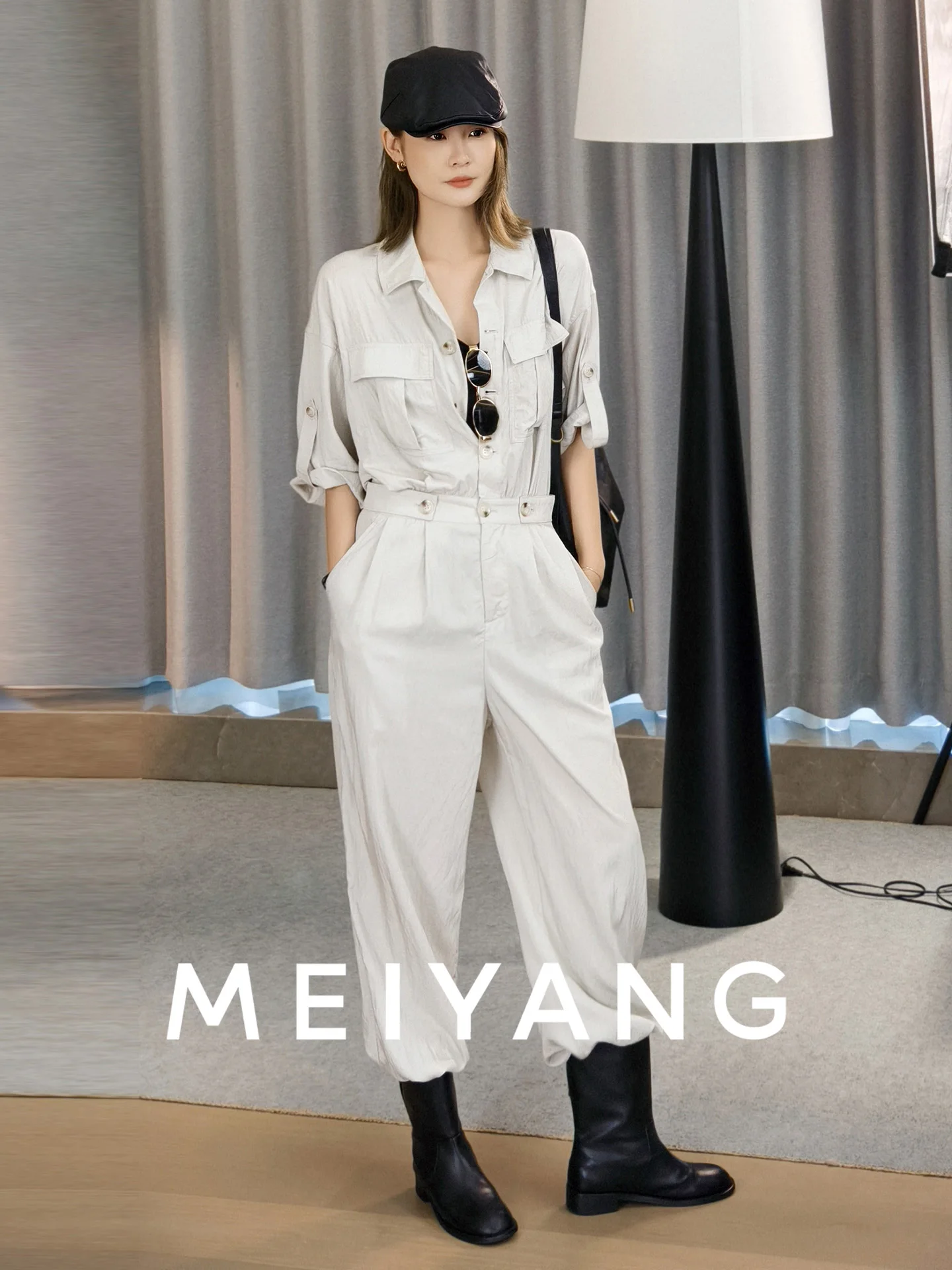 

MeiYang Full Atnce One-Piece Suit Pleated Collar Button-Up Design High Waist Long Pants Nylon Fabric Regular Thin