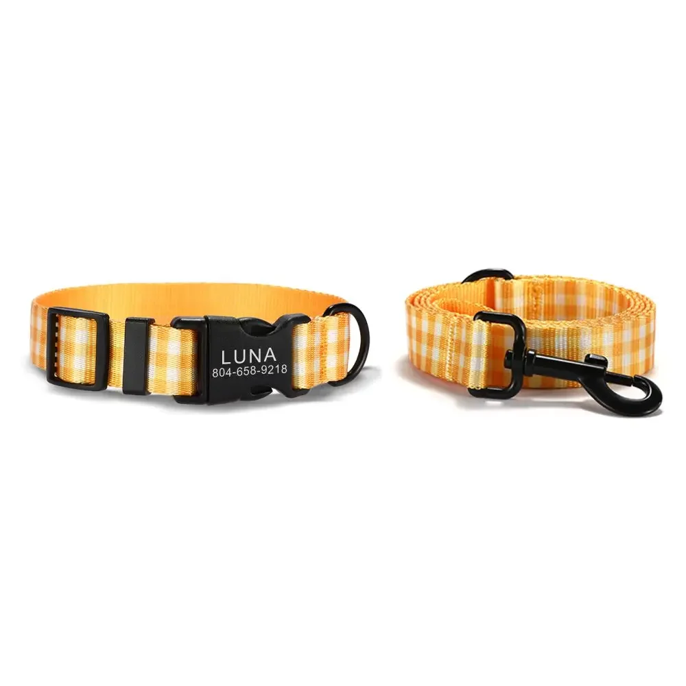 

Personalized Pet Collar, Orange Plaid Soft Fiber, Customized Nameplate ID, Adjustable, Lead Leash, Cat Collars