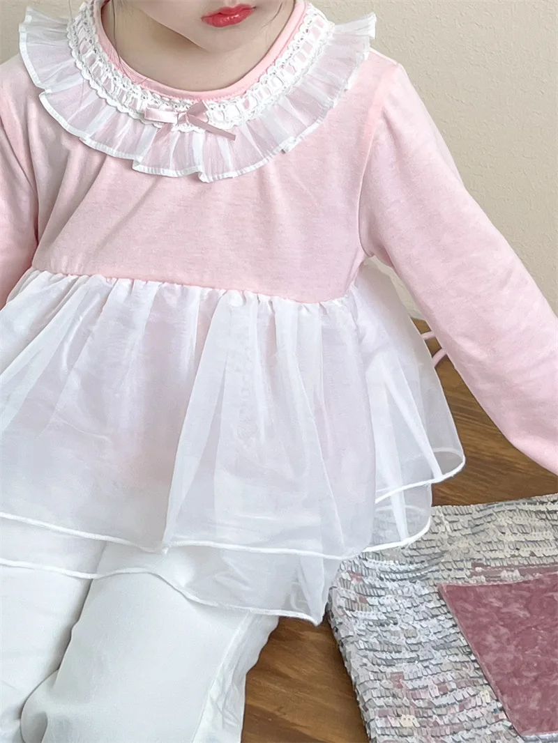 

Korean Version of Girls 2025 Spring Princess Pink Gauze Lace Fairy Top White Stretch Flared Pants Set
