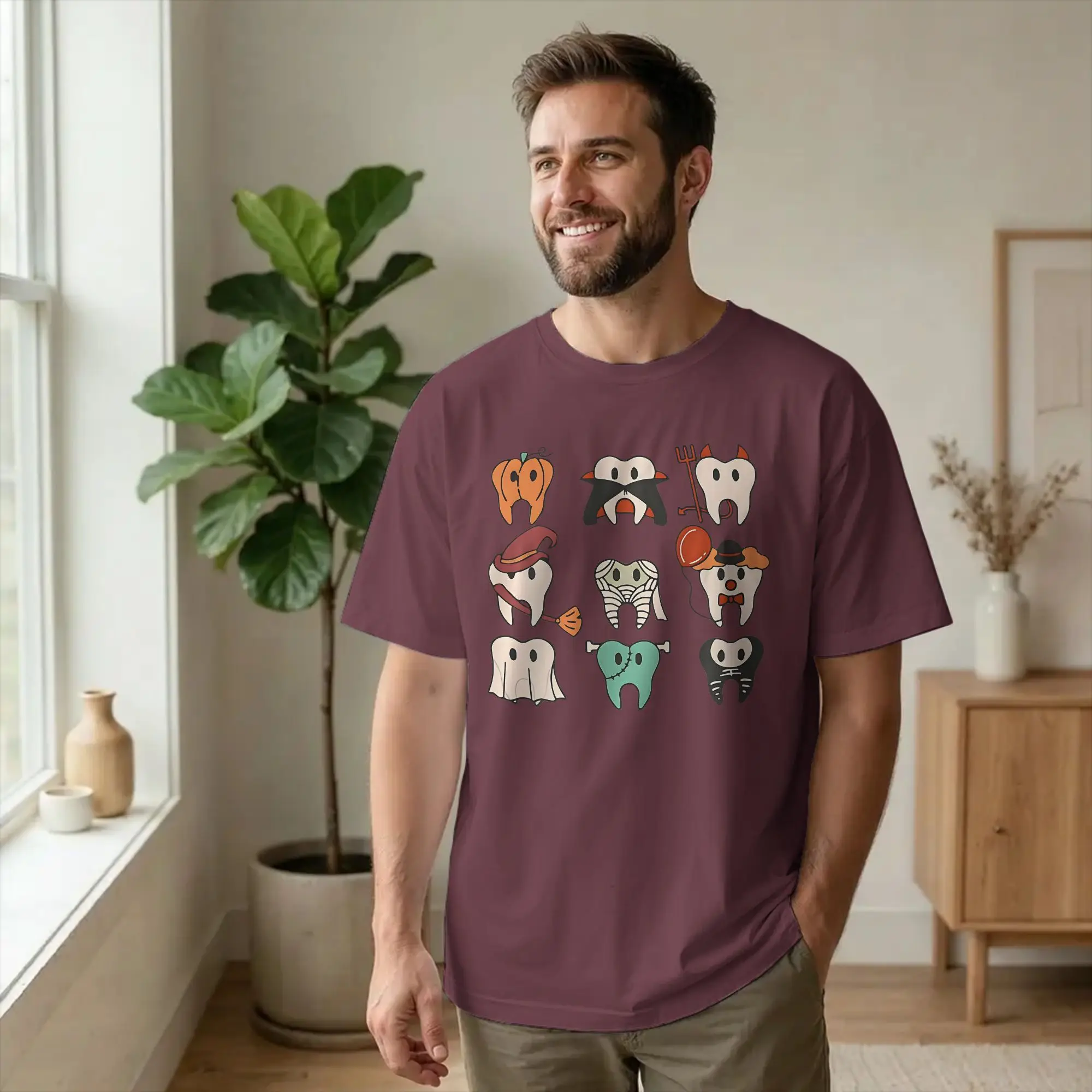 Novelty Pumpkin Tooth  T-Shirt Men's 100%Cotton Short Sleeve Cartoon Teeth Helloween Round Neck Summer TopsTops