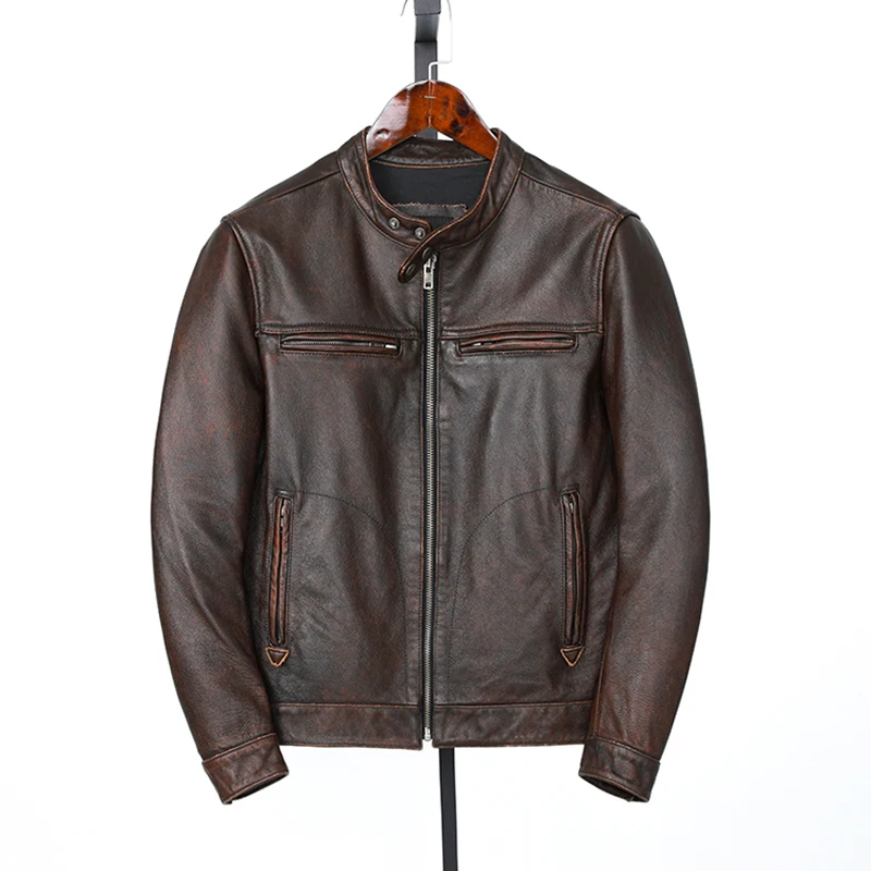 

Модная мужская куртка из натуральной кожи, винтажная, с эффектом потертости, из воловьей кожи высшего слоя, с воротником-стойкой, приталенная, весенне-осенняя, молодежная.