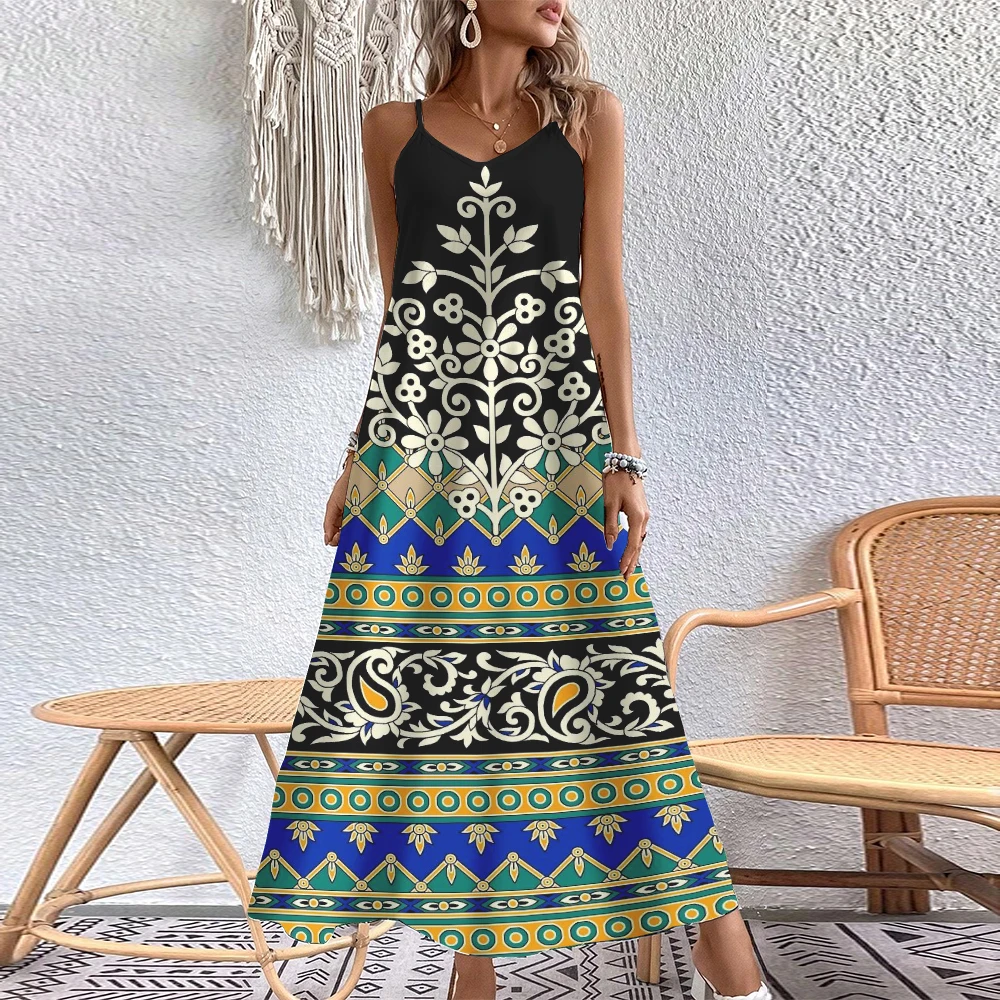 Sexy Sleeveless Bohemian Beach Dress Summer Women\'s Spaghetti Straps Long Sundress New Elegant Ladies A-line Camisole Maxi Dress