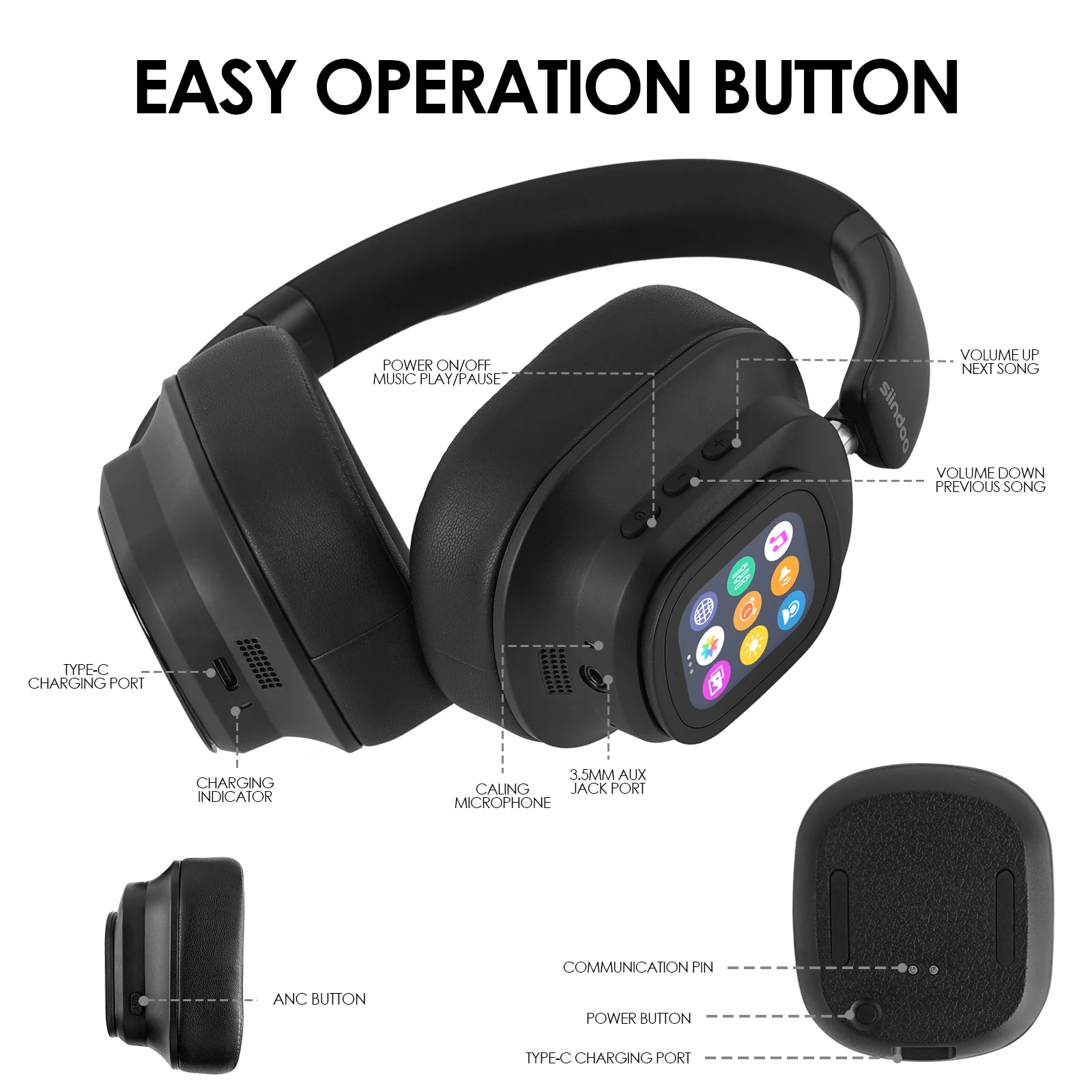 Siindoo PIÙ NUOVA cuffia wireless ANC ibrida ANC930Plus, con schermo LED multi-controllo tattile magnetico e download APP MP3 da 1 GB