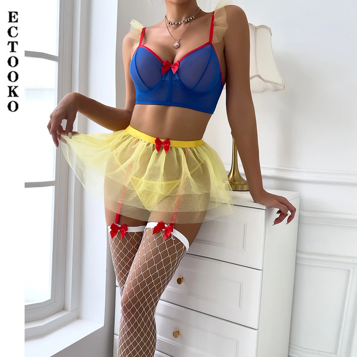 ECTOOKO Hollow Out Fishnet Socks Butterfly Blue Contrast Mesh Yellow Transparent Sexy Underwear Set