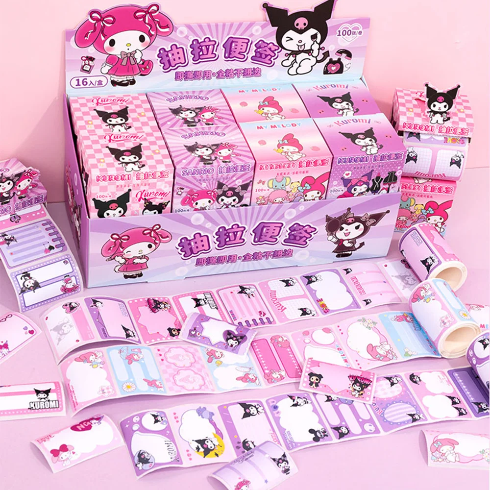 100Pcs Sanrio Pull Out Sticky Note Sticker Roll Gift Box Cute Cartoon My Kuromi Melody Hand Acount Tape Stickers Kids Toys