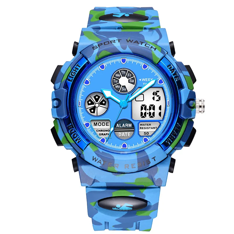 Wolf's American Hot Sale Multi-Functional Sports Waterproof Children's Double Display Electronic Quartz Watch