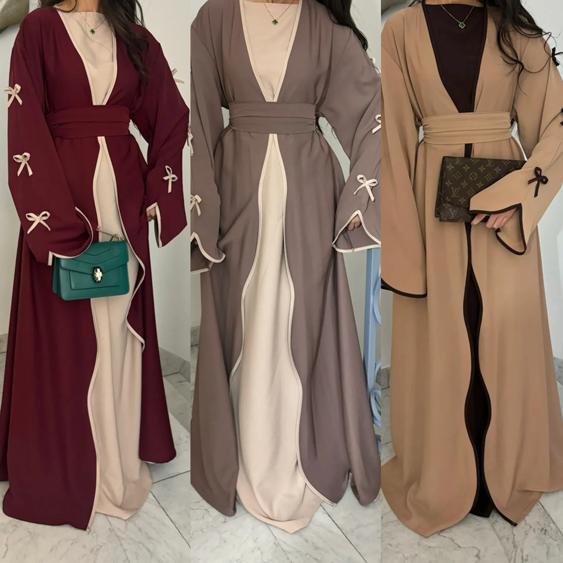 

Elegant Dubai-Style Kaftan Dress - Middle Eastern Bow-Embellished Long Robe, Modest Evening Gown with Pure Aesthetic