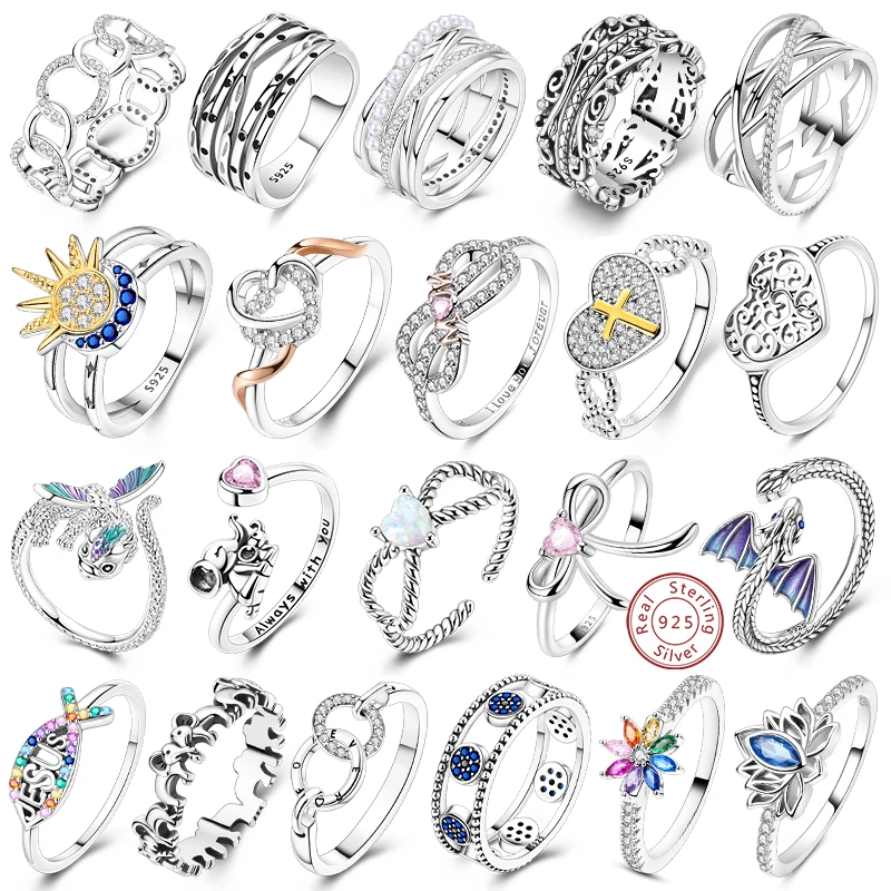 Anillo de Plata de Ley 925 Original, anillo de girasol con lazo de amor, estrella del sol, Luna, amor, anillo de aniversario de boda para mujer, regalo de joyería