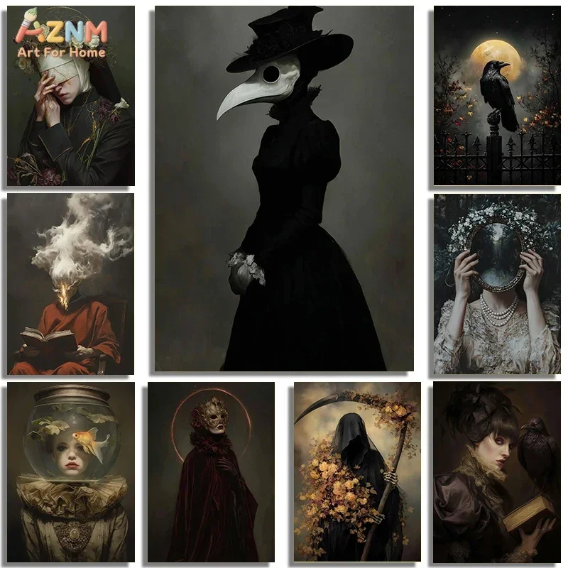 AZNM Dark Gothic Plague Doctor Canvas Wall Art Vintage Mysterious Crow Reaper Oil Painting Style Poster Halloween Unframed Paint