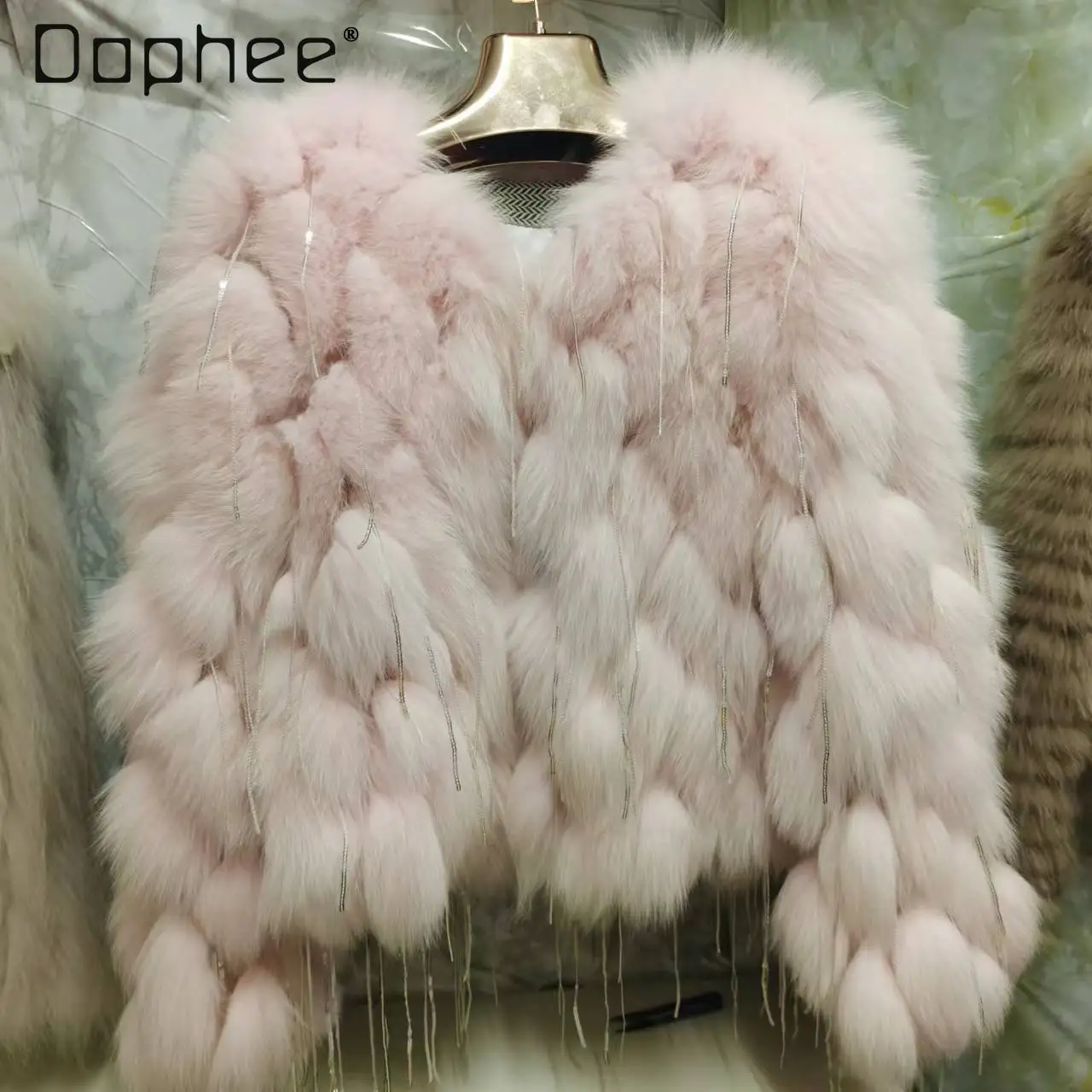 

High-end Real Fox Fur Coat for Women French Elegant Socialite Style Sequin Fringe Thickened Real Fur Coats Trendy Short Fur Coat