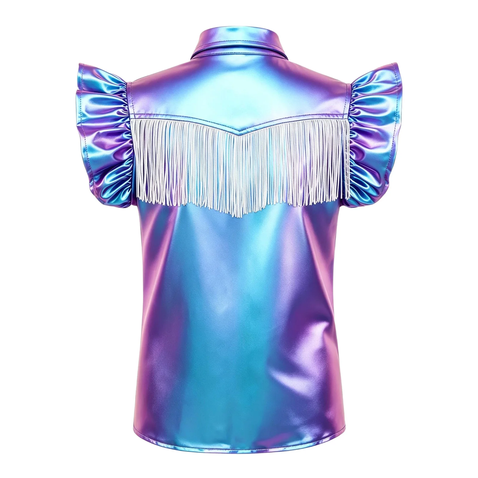 Children Western Cowgirl Metallic Shirt Ruffle Tassel Fringed Shiny Hip-Hop Jazz Dance Tops Halloween Cowboy Performance Clothes