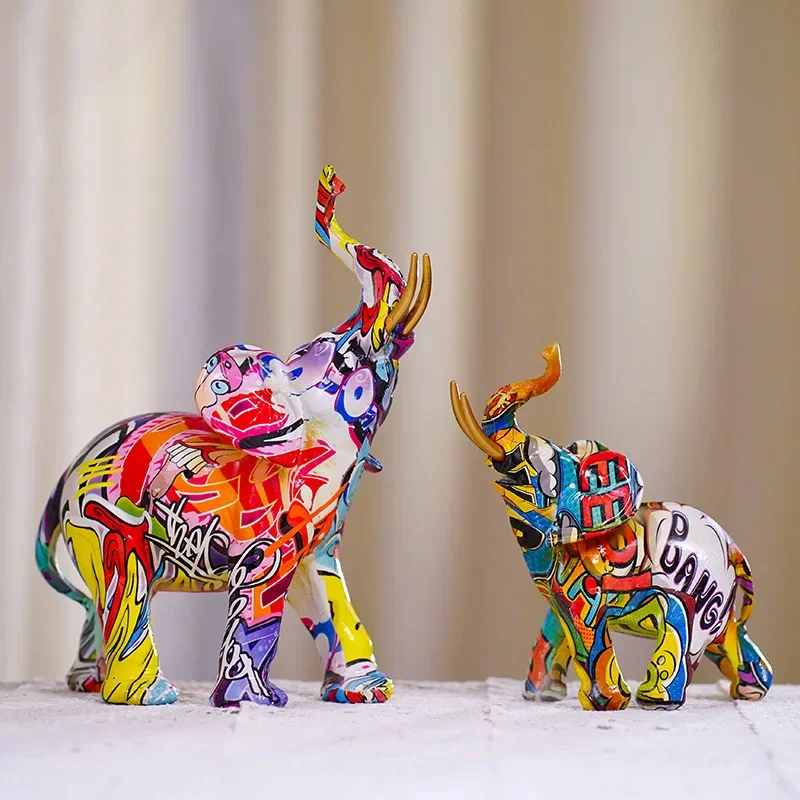 Nordic Painting Graffiti Elephant Sculpture Figurine Art Ornaments Colorful Statue Creative Resin Crafts Home Decoration Gift
