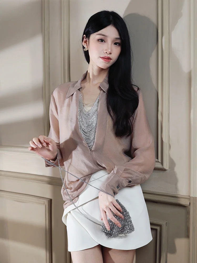 

Французский свободный длинный топ-рубашка для женщин, летний, тонкий, прозрачный, повседневный, с дизайнерским воротником с бахромой, эффект стройности