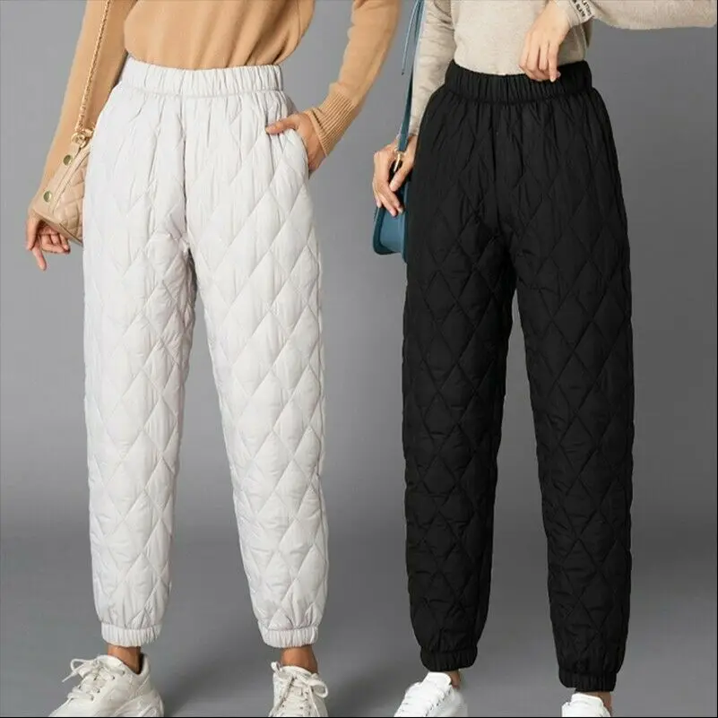 Women Winter Warm Down Cotton Pants Padded Quilted Trousers Elastic Waist Casual Trousers Outdoor Windproof