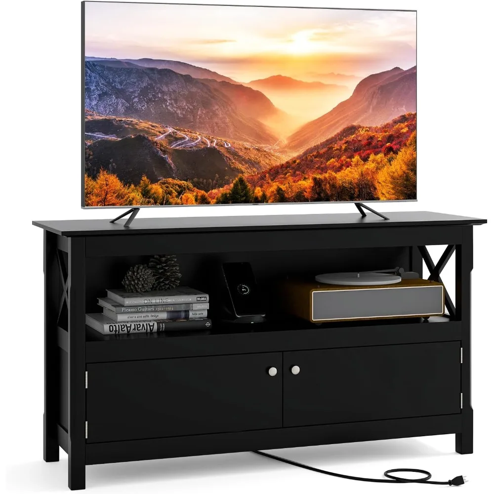 

TV stand with power socket, suitable for TVs under 50 inches, equipped with double door cabinet, storage rack, 2 cable holes