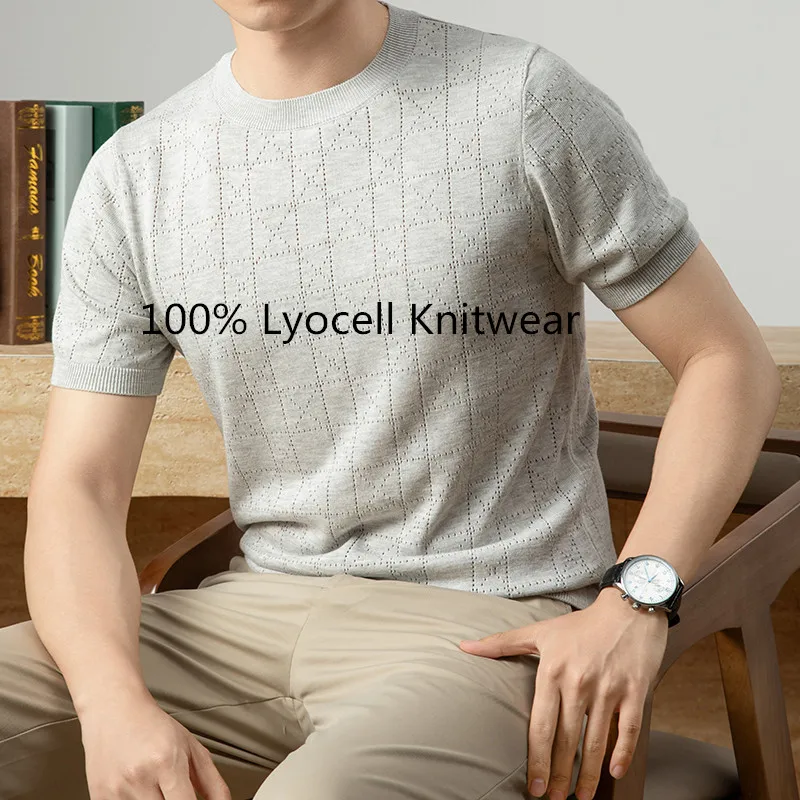 100% Lyocell Men Knitwear New Arrival 2026 Summer Breathable Knit Tees Short Sleeve Tops Pullover Hollow Knit Shirts