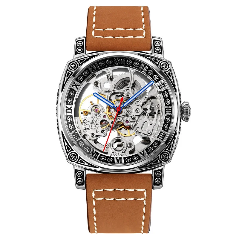 Men's Square Carved Watch Waterproof Belt Double Hollowing Automatic Mechanical Watch for Man Fashion High-end Male Wristwatch