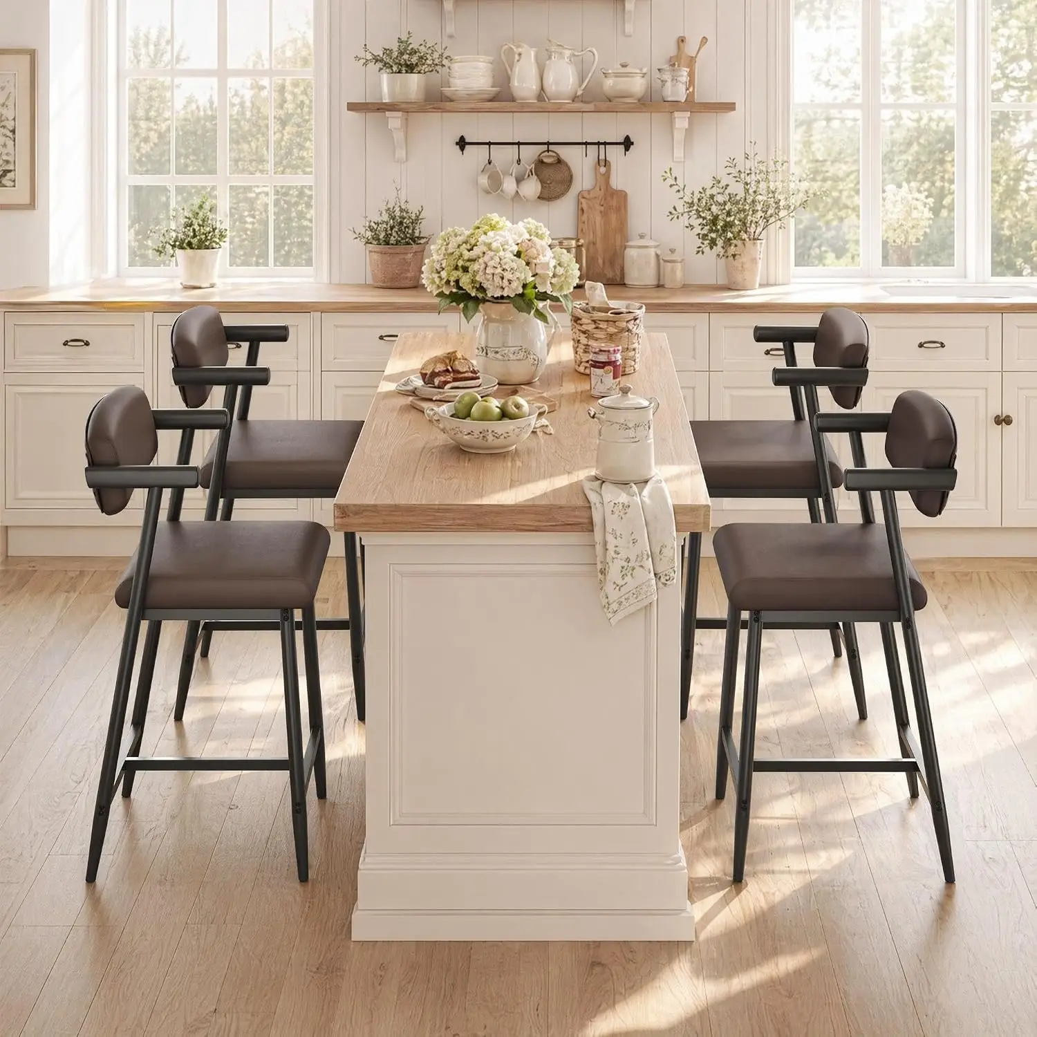 Metal Bar Stools 4 with Arms & Back, Wider Seat Footrest, 26 Inch Kitchen Island Counter Chairs, Rustic Brown, Customized