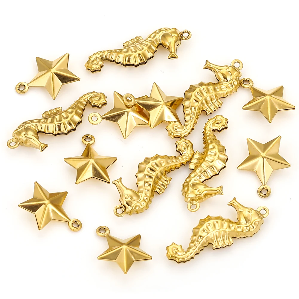 

20pcs Stainless Steel Connector Gold-plated Hollow Seahorse Pentagram for DIY Necklace Summer Jewelry Making Party Gift Material