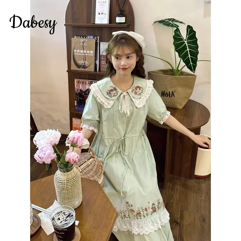 Vintage Peter Pan Collar Green Kawaii Dress Women Summer Japanese Mori Girl Lace-up A-linen Dress Female Casual Loose vestidos