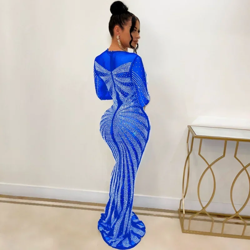 KEXU Rhinestone Mesh Sheer Sexy Party Maxi Dresses Elegant Beautiful Birthday Dress for Women Long Sleeve Evening Gown Dress