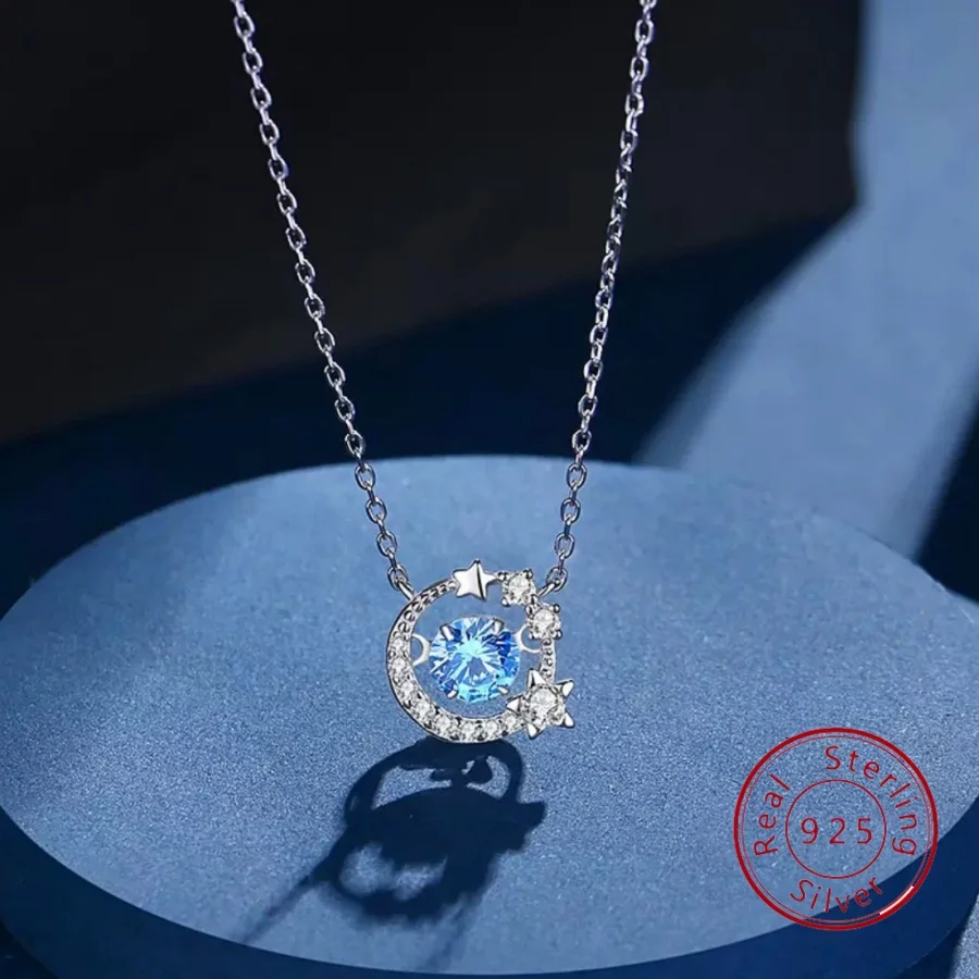 

Original Moon-Adoring Star Necklace for Women Sterling Silver S925 Girlish Charm Elegant Collarbone Chain Pulsating Heart Pendan