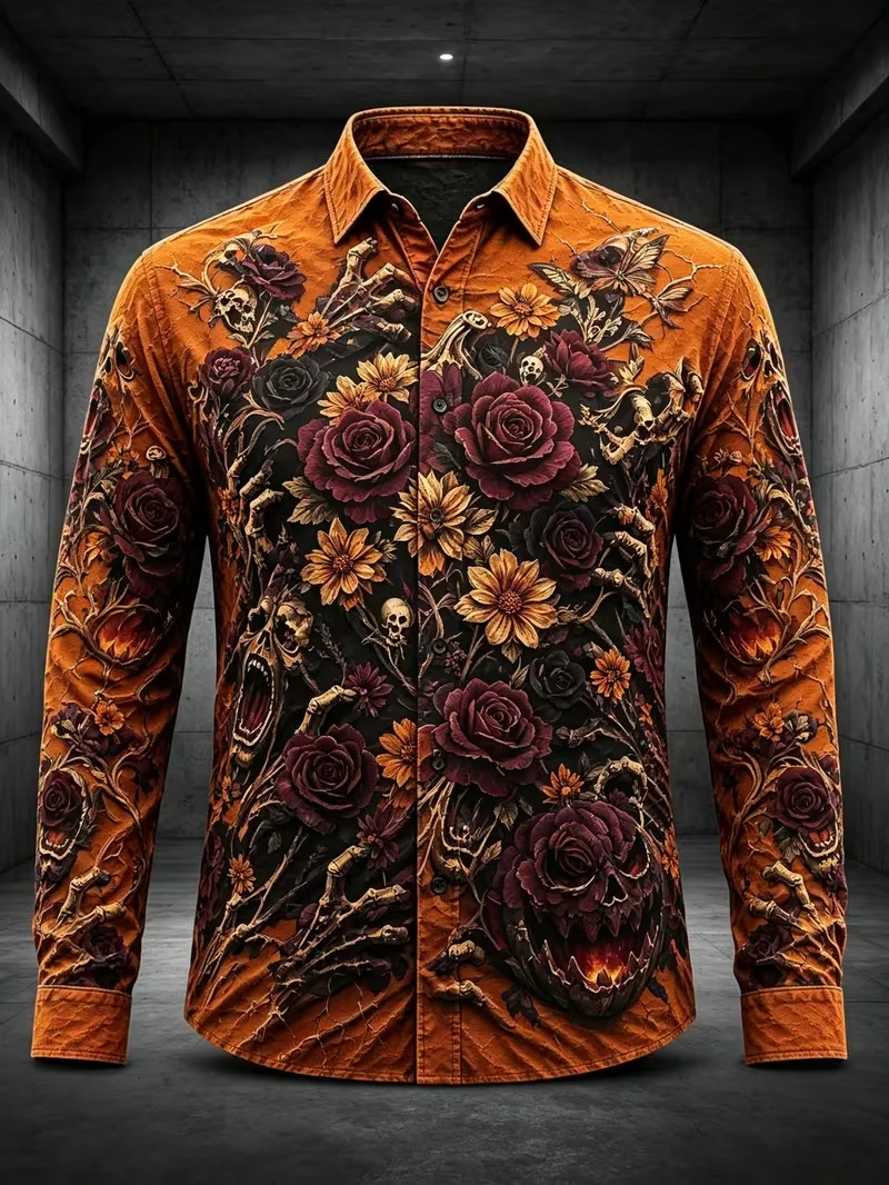 New charcoal grey vintage denim Halloween pumpkin print long sleeved shirt, retro holiday men's workwear shirt