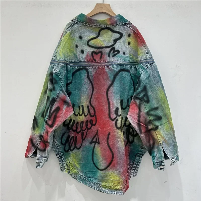 

Hand-painted Graffiti Letter Print Denim Coat Zipper Decoration Women Loose Casual Lapel Long Sleeve Irregular Hem Jeans Jacket