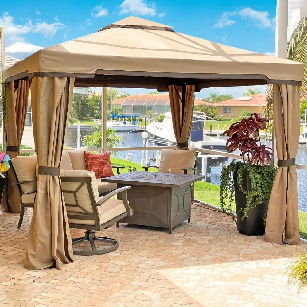 

10 x 10 FT Outdoor Gazebo for Patio Iron Frame Garden Permanent Gazebo with Vented Soft Canopy and Mosquito Netting, Khaki