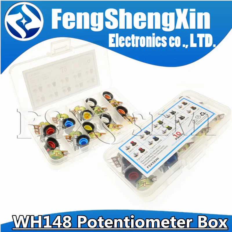 

10valuesX1pcs=10pcs WH148 Potentiometer 3pin 1K 2K 5K 10K 20K 50K 100K 250K 500K 1M 15mm Potentiometer Set 3pin With AG2 Cap