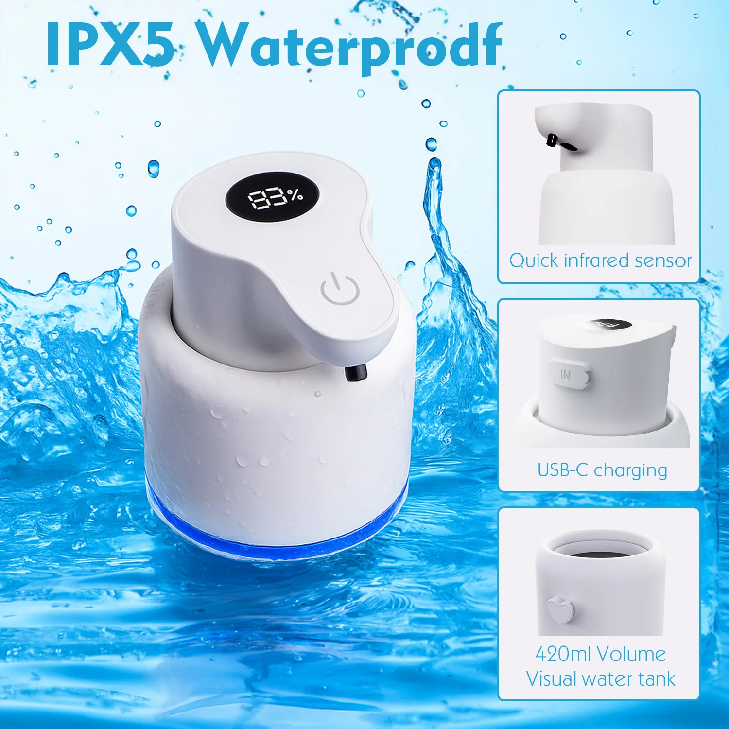 موزع صابون رغوي أوتوماتيكي بدون لمس من Xiaomi 420 مل، 4 مستويات قابلة للتعديل وقابلة لإعادة الشحن، مثبت على الحائط للمطبخ