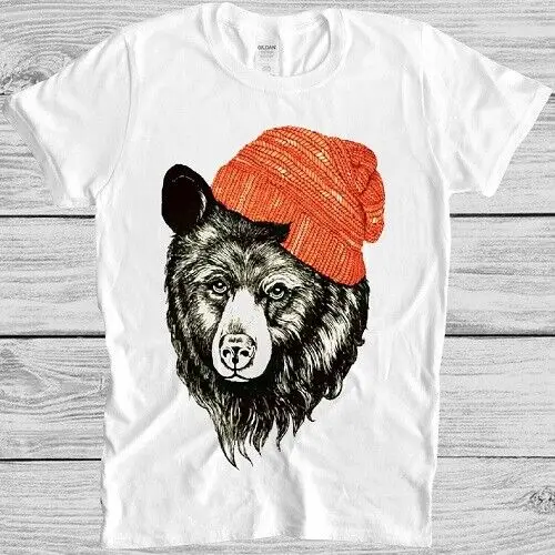 Bear with Beanie T Shirt Funny Cool Animal Present Cool Gift Tee   Unisex T-shirts  brand vintage