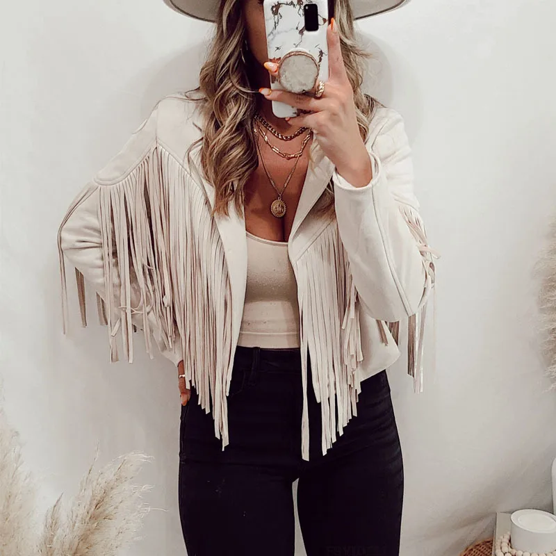 

Women's Short Leather Jacket Velvet Trimmed Flip Collar Tassel Detailing Autumn Outerwear Fashionable Straight Cut Design