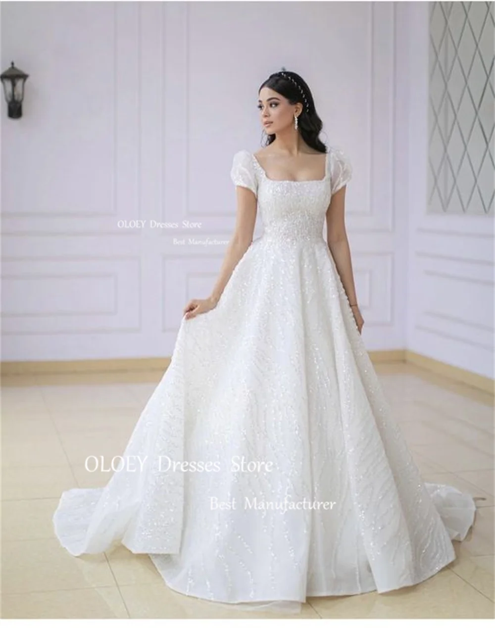 OLOEY Exquisite Glitter Beading Lace Wedding Dresses Square Collar Short Sleeves Bridal Gowns 2024 Vestido De Noiva Custom Made