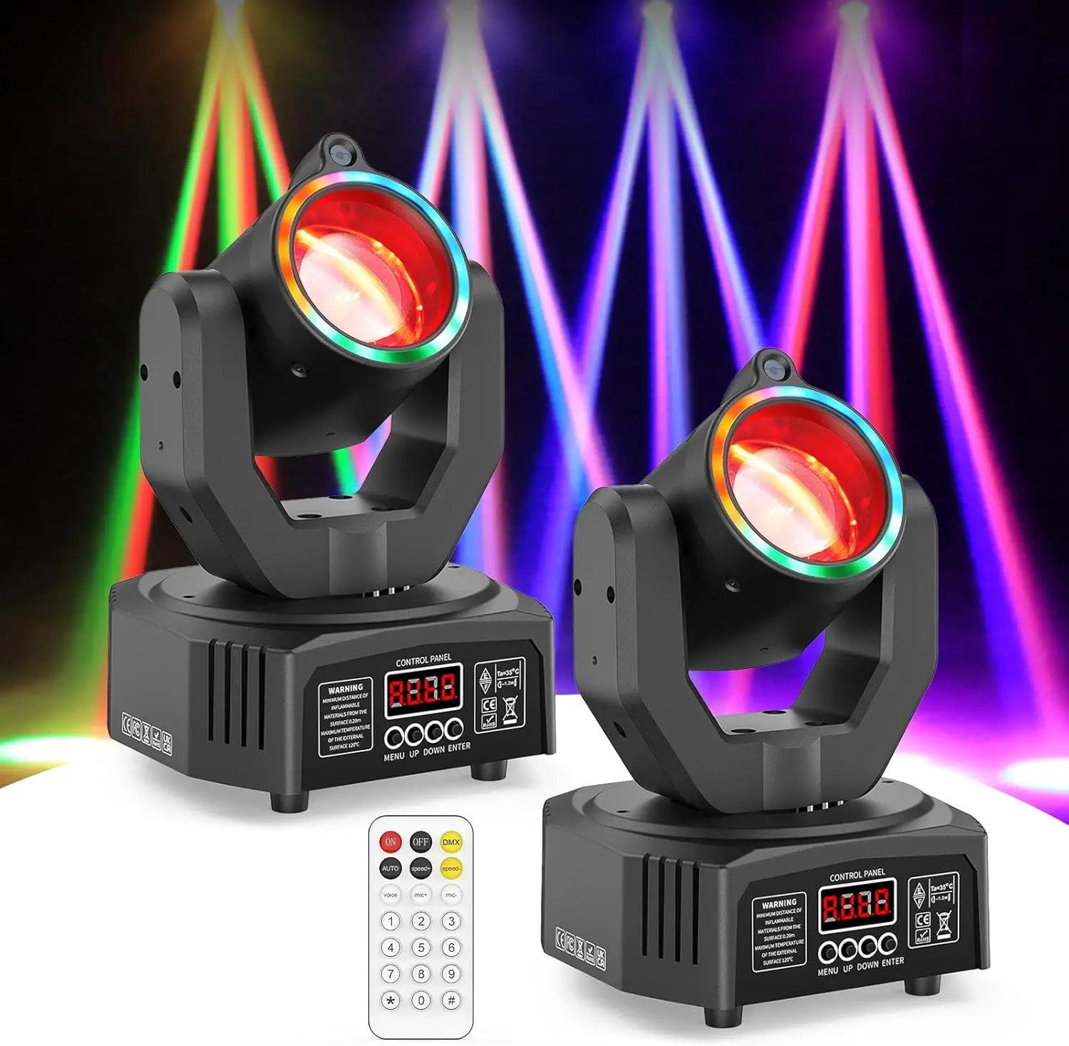 

Mini Moving Head Light 50W [2 Pack] LED Stage Lighting with Remote Control 3 * 10W Beam/Colorful Aperture/Starry Sky Effects for