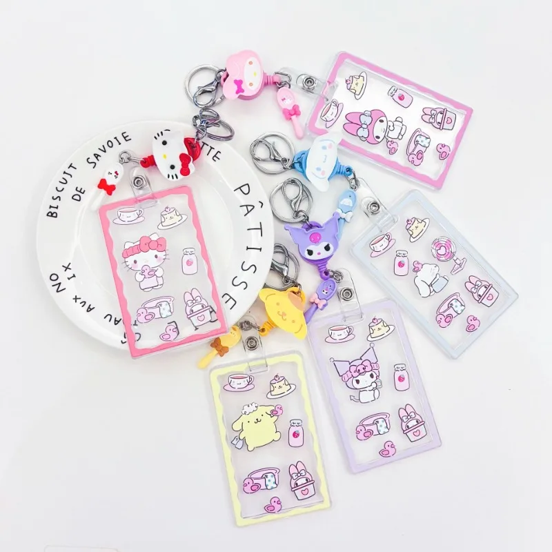 Anime Sanrios Acrylic Student Card Holder Hello Kitty Kuromi Cinnamoroll My Melody Kawaii Retractable Access Bus Card Sleeve Toy