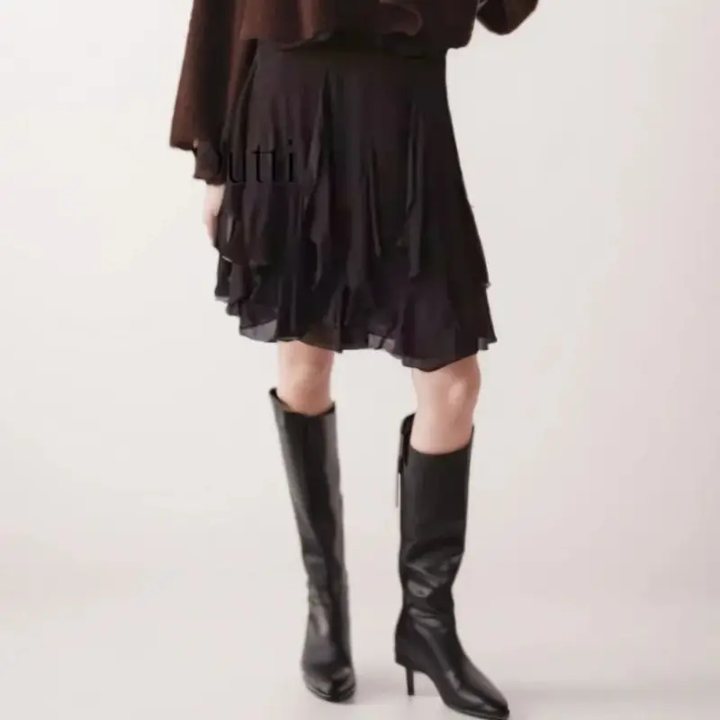 

Элегантная женская юбка миди А-силуэта с многослойными оборками, коричневая, до колена, высокое качество, лето 2026